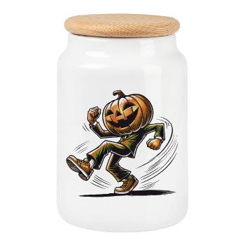 Dancing Pumpkin Head – Funny Halloween Motif - Cookie Jar with Wooden Lid - white - Front
