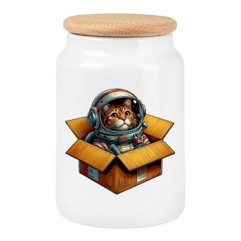 Astronaut Katze - Keksdose mit Holzdeckel - Weiß - Vorne
