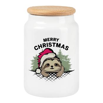 Merry Christmas Sloth Comic Cartoon Christmas - Cookie Jar with Wooden Lid - white - Front