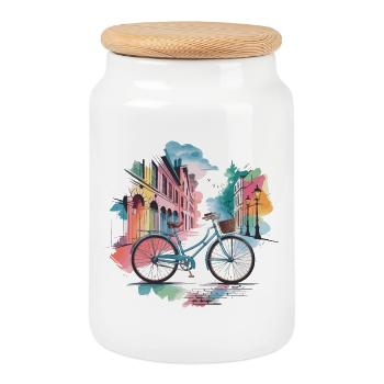 Pastellfarbenes Stadtbild Fahrraddesign - Keksdose mit Holzdeckel - Weiß - Vorne