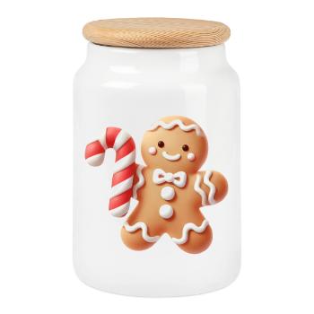 Joyeux bonhomme en pain d’épice avec canne à sucre - Boîte à biscuits avec couvercle en bois - blanc - Devant