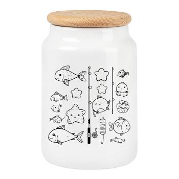 Style de bande dessinée de pêche - Boîte à biscuits avec couvercle en bois - blanc - Devant