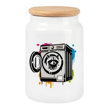 Raccoon in the washing machine - Humorous motif - Cookie Jar with Wooden Lid - white - Front