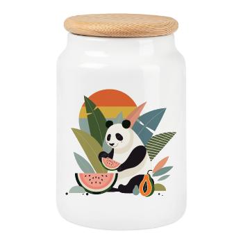 Panda with exotic plants and fruits - Cookie Jar with Wooden Lid - white - Front