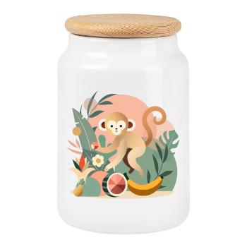 Playful monkey with tropical fruits - Cookie Jar with Wooden Lid - white - Front