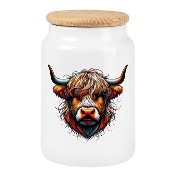 Scottish Highland Cow - Cookie Jar with Wooden Lid - white - Front