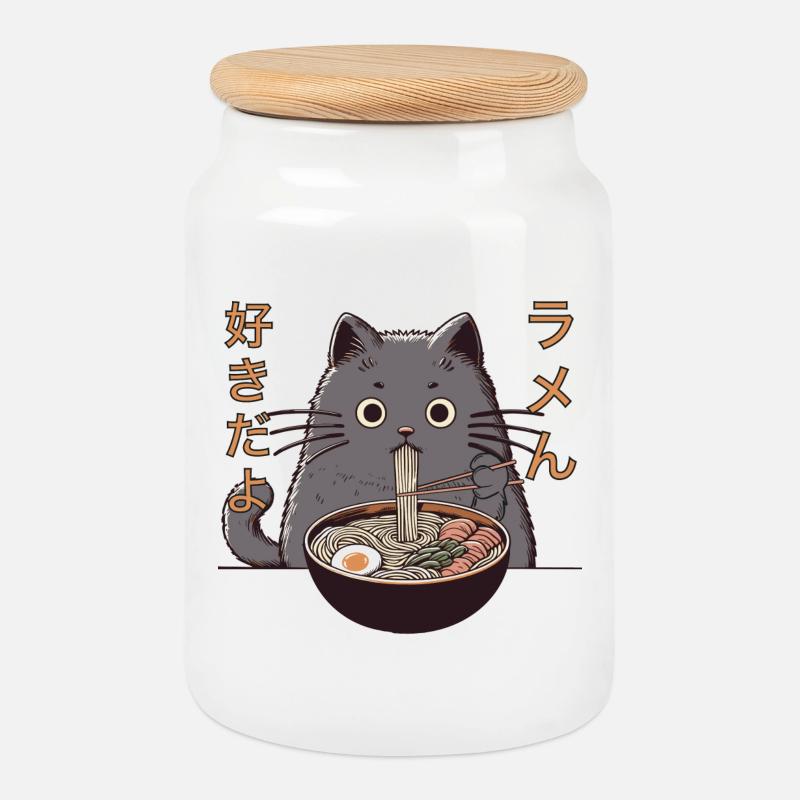 My Cat Steals My Ramen (Ramen Katze) - Keksdose mit Holzdeckel - Weiß