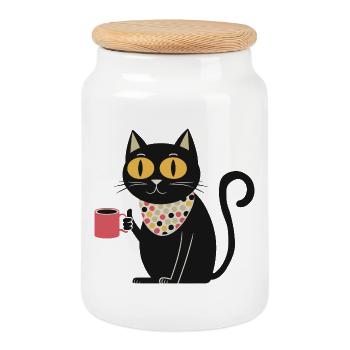 Polka Dot Bandana Cat with Mug - Cookie Jar with Wooden Lid - white - Front