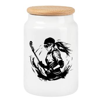 Lacrosse Player - Cookie Jar with Wooden Lid - white - Front