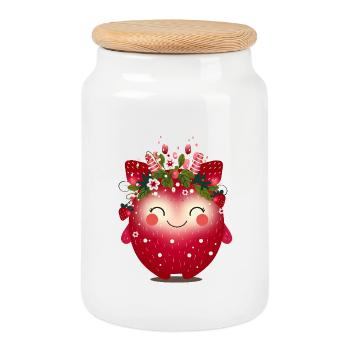 Cheerful fantasy monster as strawberry - Cookie Jar with Wooden Lid - white - Front