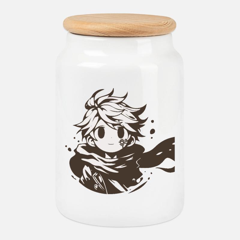 MangaCharacter with Brown Scarf - Cookie Jar with Wooden Lid - white