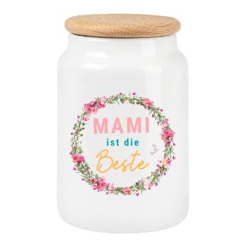 Mami ist die Beste! Floral, bunt, personalisierbar - Keksdose mit Holzdeckel - Weiß - Vorne