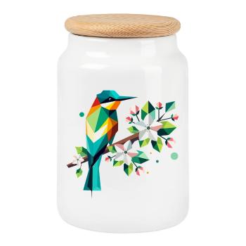 Bee-eaters on apple blossoms – Colourful motif - Cookie Jar with Wooden Lid - white - Front