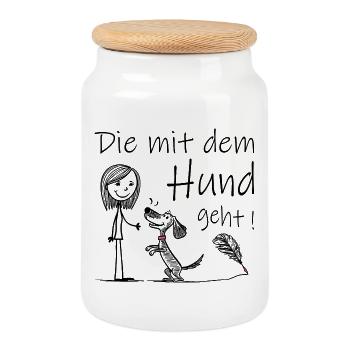 Qui va avec le chien ! - Boîte à biscuits avec couvercle en bois - blanc - Devant