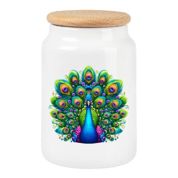 Peacock - Cookie Jar with Wooden Lid - white - Front