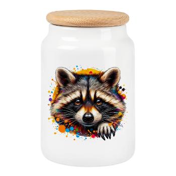 Raccoon - Cookie Jar with Wooden Lid - white - Front