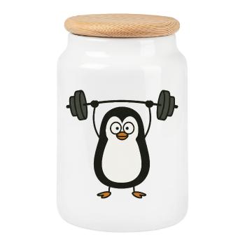 pingouin drôle avec haltère fitness fun - Boîte à biscuits avec couvercle en bois - blanc - Devant