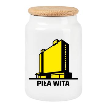 Saw vous souhaite la bienvenue. La ville de Piła et le bâtiment de l’hôtel Gromada - Boîte à biscuits avec couvercle en bois - blanc - Devant
