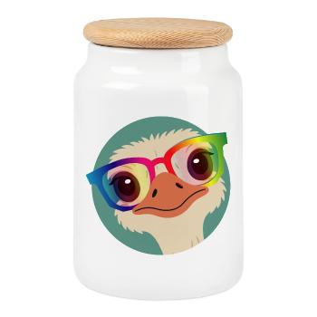 Strauß mit Regenbogenbrille – Freches Tiermotiv - Keksdose mit Holzdeckel - Weiß - Vorne