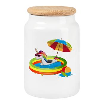 Sommerliches Einhorn im Planschbecken - Keksdose mit Holzdeckel - Weiß - Vorne