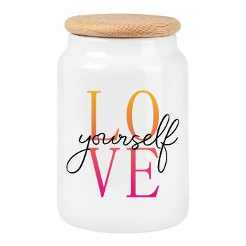 Love yourself / Selbstliebe / Liebe dich selbst - Cookie Jar with Wooden Lid - white - Front