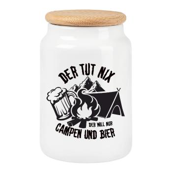Abenteuer Camping mit Bier und Lagerfeuer - Keksdose mit Holzdeckel - Weiß - Vorne
