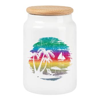 Conception de silhouette de coucher de soleil tropical - Boîte à biscuits avec couvercle en bois - blanc - Devant