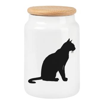 Elegant Silhouette of a Cat - Cookie Jar with Wooden Lid - white - Front