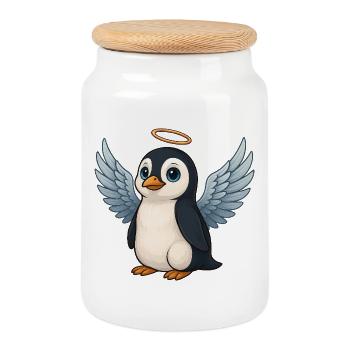 Ange pingouin mignon avec des ailes et un halo - Boîte à biscuits avec couvercle en bois - blanc - Devant