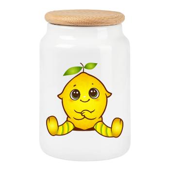 Fröhliche Zitrone als süße Kawaii-Figur - Keksdose mit Holzdeckel - Weiß - Vorne