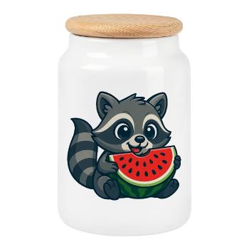 Cute raccoon with watermelon summer cartoon - Cookie Jar with Wooden Lid - white - Front