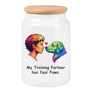 My Training Partner has four Paws - Cookie Jar with Wooden Lid - white - Front