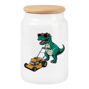 Dinosaure avec des lunettes de soleil tondant la pelouse - Boîte à biscuits avec couvercle en bois - blanc - Devant