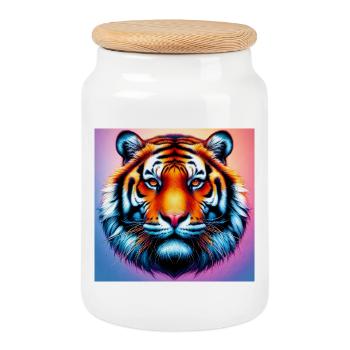 tiger - Cookie Jar with Wooden Lid - white - Front