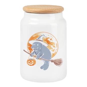 Whimsical Hippo Witch Halloween Design - Cookie Jar with Wooden Lid - white - Front