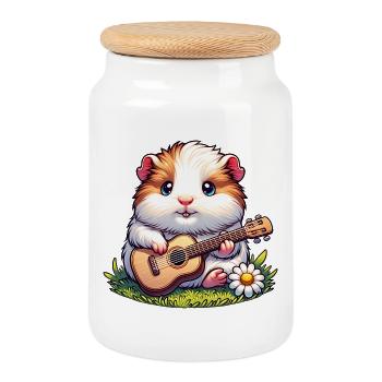 Cochon d’Inde mignon avec guitare sur prairie - Boîte à biscuits avec couvercle en bois - blanc - Devant