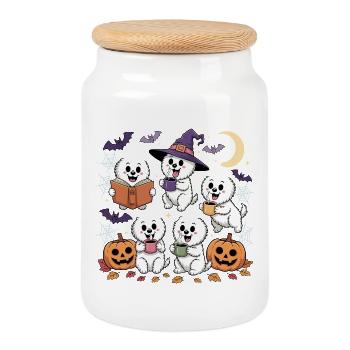chiens lecture livre Halloween amateurs de café - Boîte à biscuits avec couvercle en bois - blanc - Devant