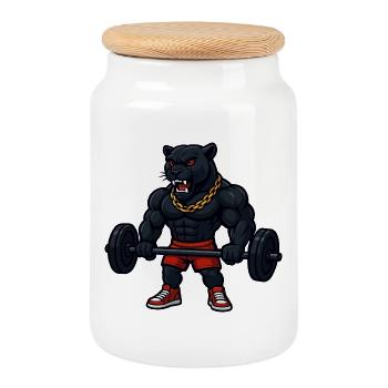Strong panther with gold chain lifting weights - Cookie Jar with Wooden Lid - white - Front