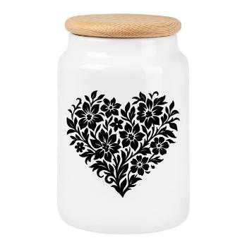 Abstract Flower Heart, Floral Vine Color Variable - Cookie Jar with Wooden Lid - white - Front
