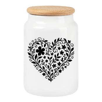 Ausdrucksstarkes Blumenmuster in Herzform  - Keksdose mit Holzdeckel - Weiß - Vorne