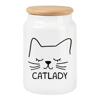 Silhouette de chat Catlady, contour, art linéaire - Boîte à biscuits avec couvercle en bois - blanc - Devant