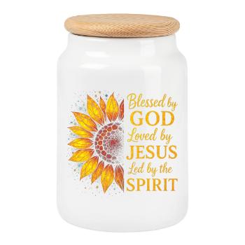 Loved By Jesus Christian Sunflower - Cookie Jar with Wooden Lid - white - Front