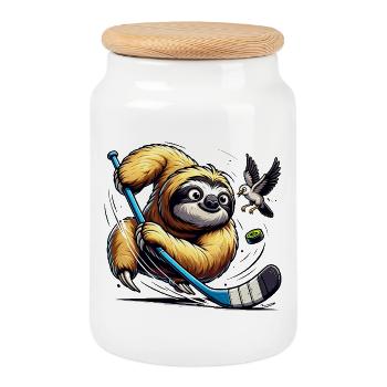 Faultier Eishockey Spieler Mit Schlaeger Und Puck - Keksdose mit Holzdeckel - Weiß - Vorne