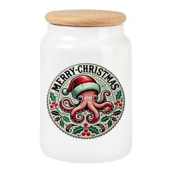Conception du Père Noël Octopus - Boîte à biscuits avec couvercle en bois - blanc - Devant