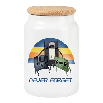 Never Forget Retro 90s Cassette VHS Floppy Disk  - Cookie Jar with Wooden Lid - white - Front