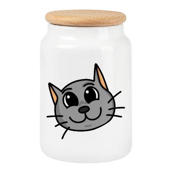 Funny Animal Head Cat - Cookie Jar with Wooden Lid - white - Front