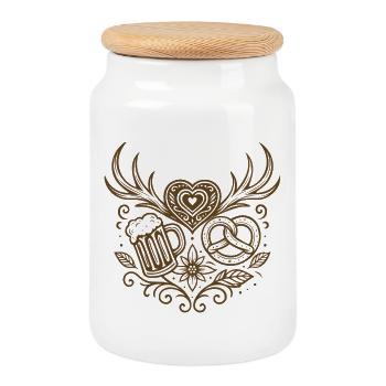 Heart with antlers, beer & pretzel - Cookie Jar with Wooden Lid - white - Front