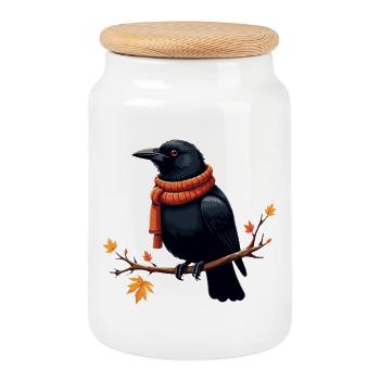 Corbeau d’Automne en Écharpe - Boîte à biscuits avec couvercle en bois - blanc - Devant