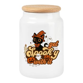 Conception fantaisiste de chat d’Halloween - Boîte à biscuits avec couvercle en bois - blanc - Devant