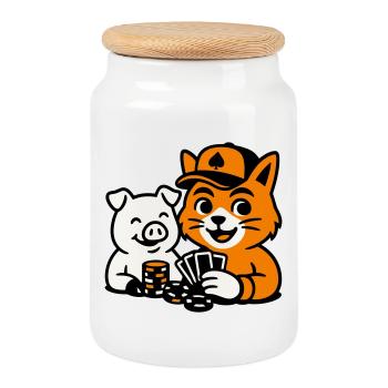 Poker Cat - Cookie Jar with Wooden Lid - white - Front